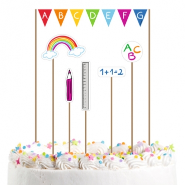 6 Deko Stecker, Tortendeko, Einschulung, ABC, Regenbogen, 21 cm