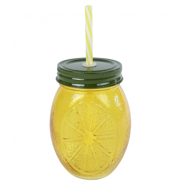 Sommer Glas mit Schraubdeckel und Trinkhalm in Zitronen-Optik, 13 cm