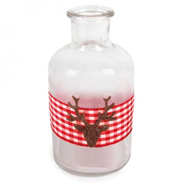 Glas Flaschen Väschen Karoband und Hirschkopf in Rot, 12 cm