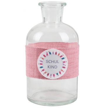 Glas Flaschen Väschen Einschulung, Schulkind in Rosa, Schriftzug in Flieder