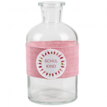 Glas Flaschen Väschen Einschulung, Schulkind in Rosa, Schriftzug in Pink