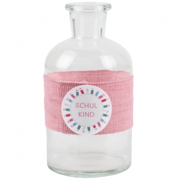 Glas Flaschen Väschen Einschulung, Schulkind in Rosa, Schriftzug in Rosa