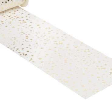 10 Meter Vlies Tischläufer Weihnachten mit Sternen in Weiß/Gold, 20 cm.