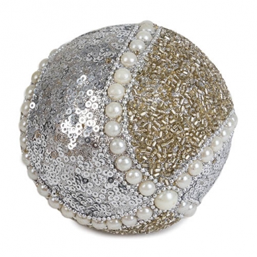 Weihnachtsdeko Kugel mit Deko Perlen besetzt in Champagner/Silber, 10 cm, Nr. 4.