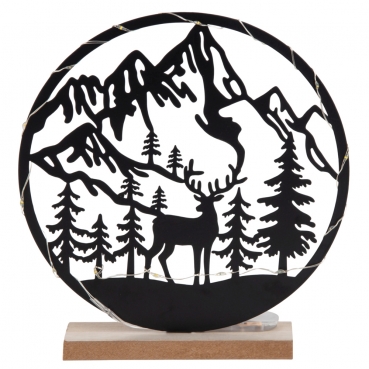 Metall Berglandschaft mit Hirsch und LED Beleuchtung, in Schwarz, 21 cm.