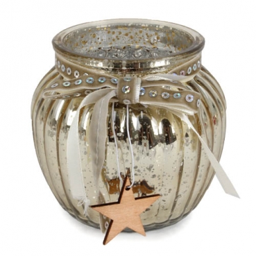 Glas Windlicht, Weihnachten mit Holz Stern in Gold verspiegelt, 10,5 cm