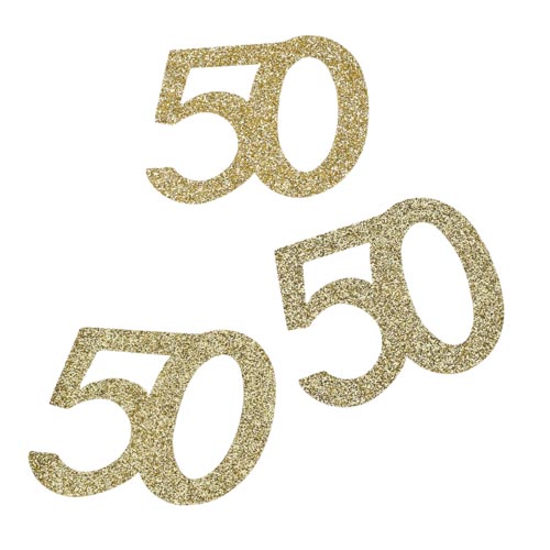 10 Streuteile Jubiläumszahl 50 in Gold glitzernd, 50 mm.