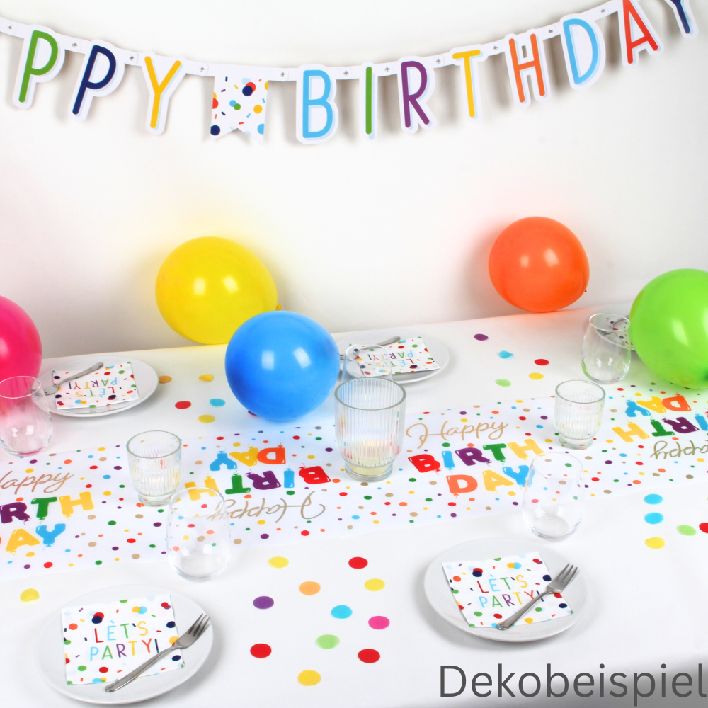 Dekobeispiel mit der Partykette Happy Birthday bunt.