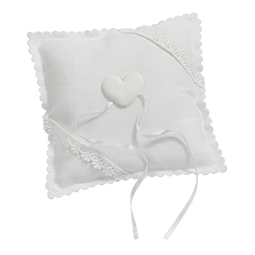 Hochzeit Ringkissen mit Herz in Wollweiß, 14 x 14 cm.