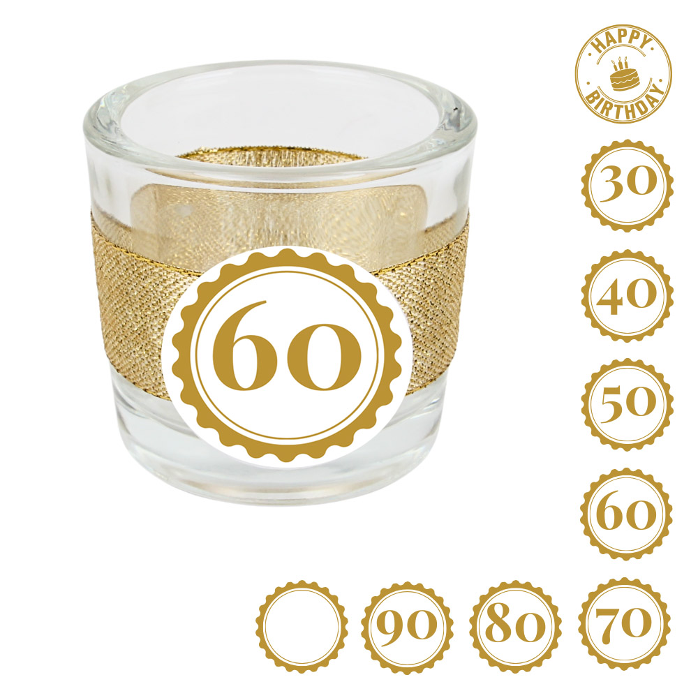 Teelichtglas Geburtstag, Glitzerband in Gold mit auswählbarer Jahreszahl, 65 mm.