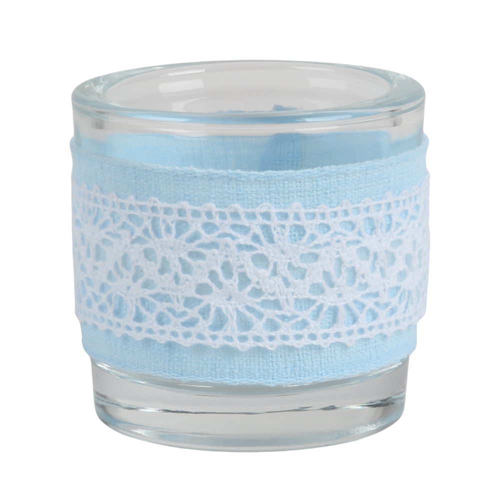 Teelichtglas Vintage mit Band in Hellblau, 65 mm.
