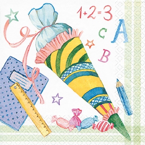 20er Pack Servietten Einschulung, Schultüte in Pastellfarben, 33 x 33 cm.
