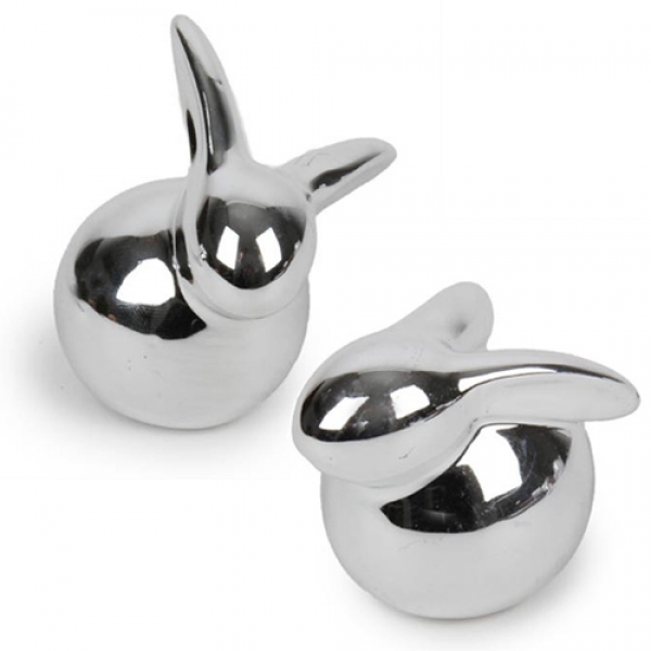 2 Keramik Osterhäschen in Silber, 60 mm.