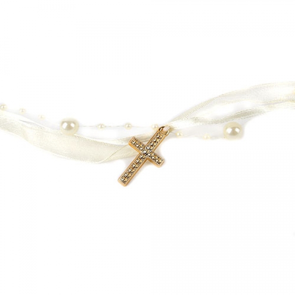 5 Meter Trendy Band mit Perlen und Kreuzen in Creme/Gold.