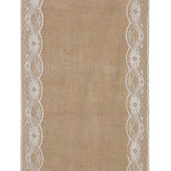 2 Meter Vintage Jute Tischläufer mit weißer Spitze, 27,5 cm.