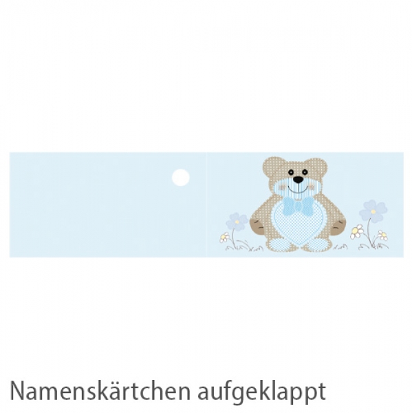 20 Namenskärtchen Taufe, Teddybär in Hellblau, 45 mm.