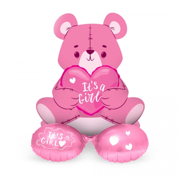 Stehender Folien Luftballon Bär - It's a Girl- in rosa, 61 cm.