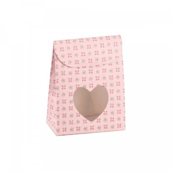 Bonboniere Tasche Taufe mit Blümchen, Herzfenster, in Rosa, 80 mm.