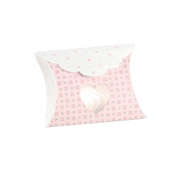 Bonboniere Taufe mit Blümchen, Herzfenster, in Rosa, 80 mm.