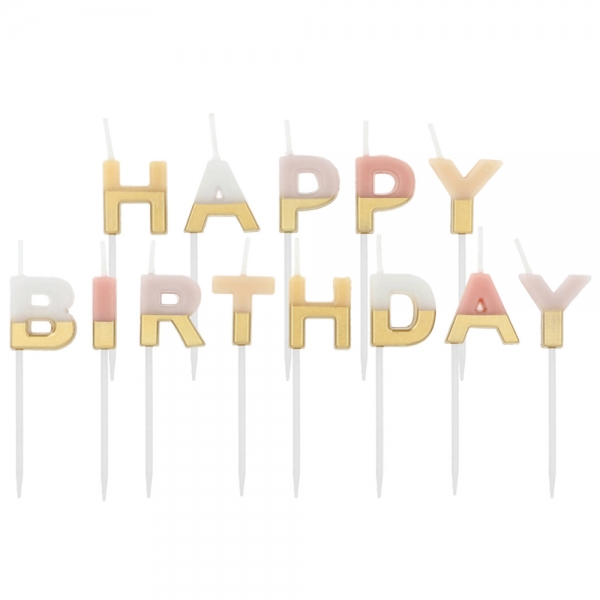 Buchstabenkerzen Geburtstag -Happy Birthday- in Rosé/Gold, 60 mm.