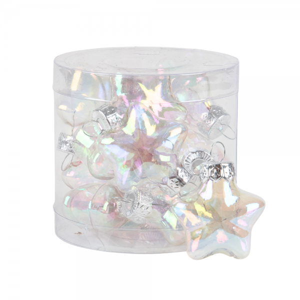 12 Mini Glas Christbaumschmuck-Sterne, klar mit Perlmuttglanz, 40 mm.