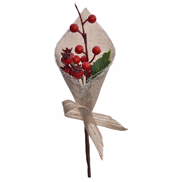 Kunstblume, Beerenzweig, Jute umhüllt, 22 cm.