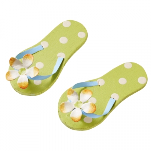 1 Paar Deko Flip Flops in Hellgrün mit Punkten und Blüte, 60 mm.