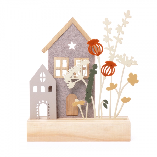 Herbstzauber Filz Haus, Metall Haus und Blumen, 18,5 cm.