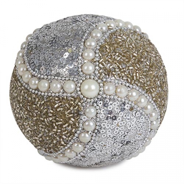 Weihnachtsdeko Kugel mit Deko Perlen besetzt in Champagner/Silber, 10 cm, Nr. 4.