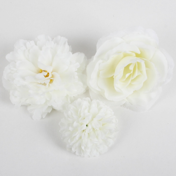 3er Set Deko Blumenkopf Mix in Weiß, 7,5 cm - 11 cm.