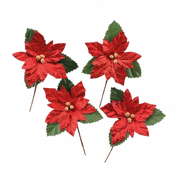 4 kleine Weihnachtssterne am Draht, in Rot/Grün glänzend, 80 mm.