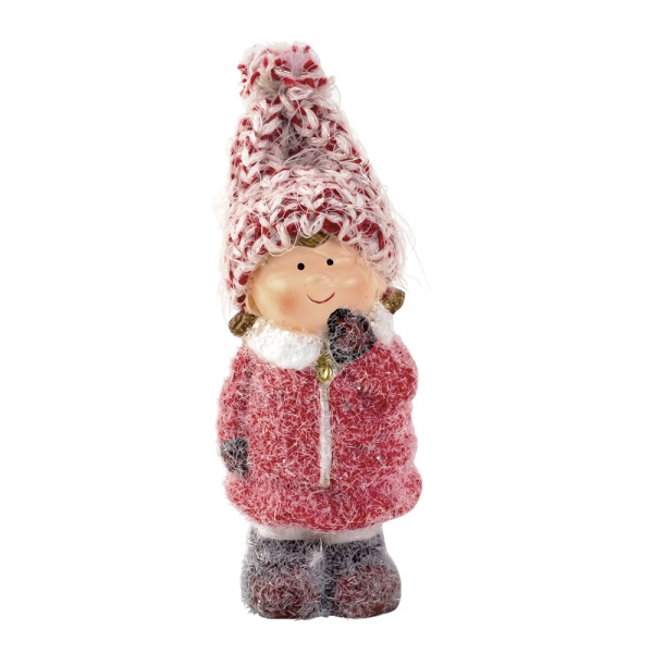 Deko Winter Mädchen mit Strickmütze in Rot/Weiß glitzernd, 12 cm.