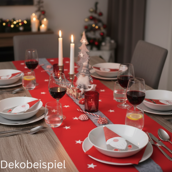Gedeckter Weihnachtstisch in Rot/Grau mit dem Deko Wichtel Kantenhocker mit Schlackerbeinen, in Grau, 22 cm auf Schlitten.