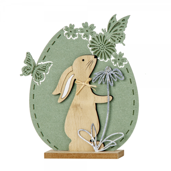 Filz Osterei mit Holz Hase Ohren unten & Metall Blume, in Pisatchio Green, 22,5 cm.