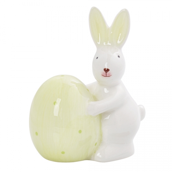 Keramik Hase mit Osterei in Pastellgrün/Weiß, 95 mm.