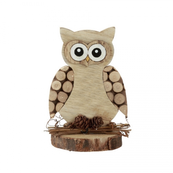 Dekofigur Holz Eule mit Verzierung in Hellbraun, 14 cm, Nr. 2.