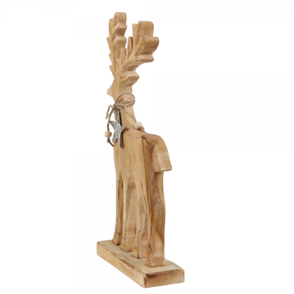 Holz Hirsch mit Sternanhänger, auf Sockel, 32 cm, Seitenansicht.