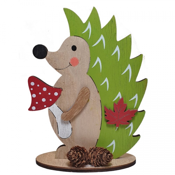Holz Igel stehend mit Fliegenpilz, in Grün/Braun, 17 cm.