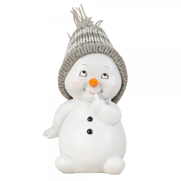 Niedlicher Schneemann mit Strickmütze, nachdenklich, 12 cm.