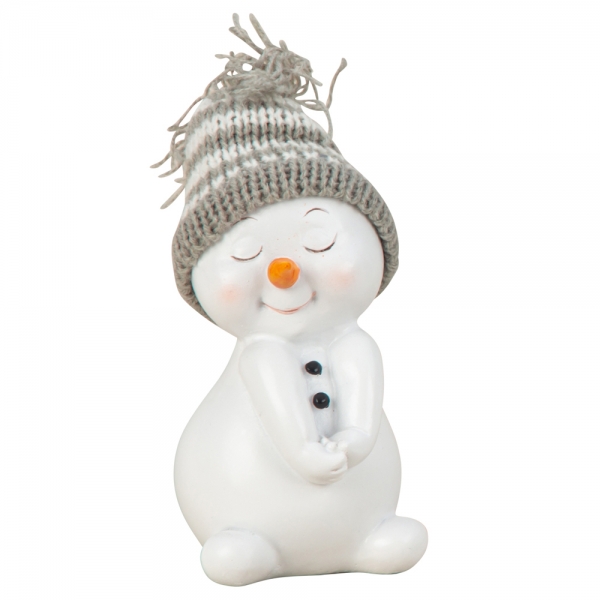 Niedlicher Schneemann mit Strickmütze, verlegen, 14 cm.