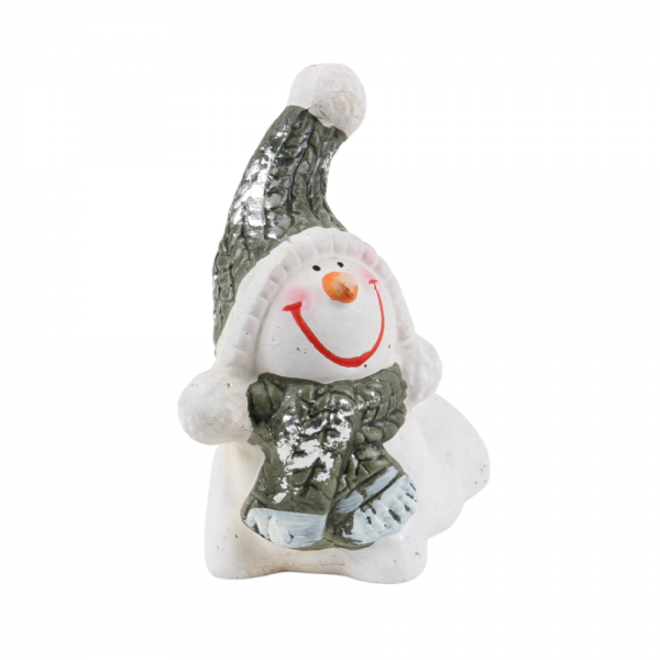 Kleiner Keramik Schneemann auf dem Bauch liegend, 90 mm.