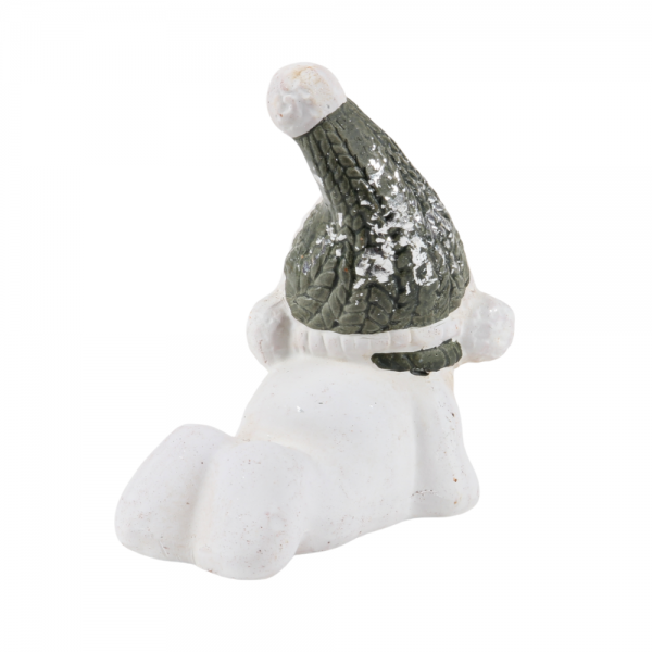 Kleiner Keramik Schneemann auf dem Bauch liegend, 90 mm.
