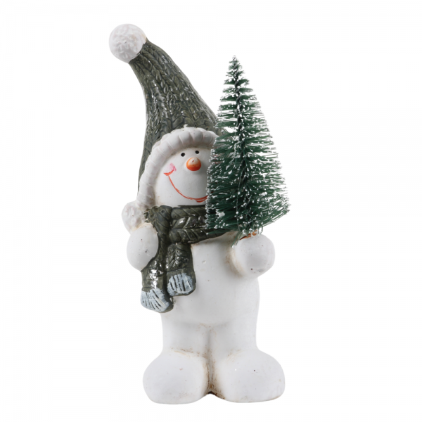 Keramik Schneemann mit Tannenbaum in linker Hand, 16,5 cm.