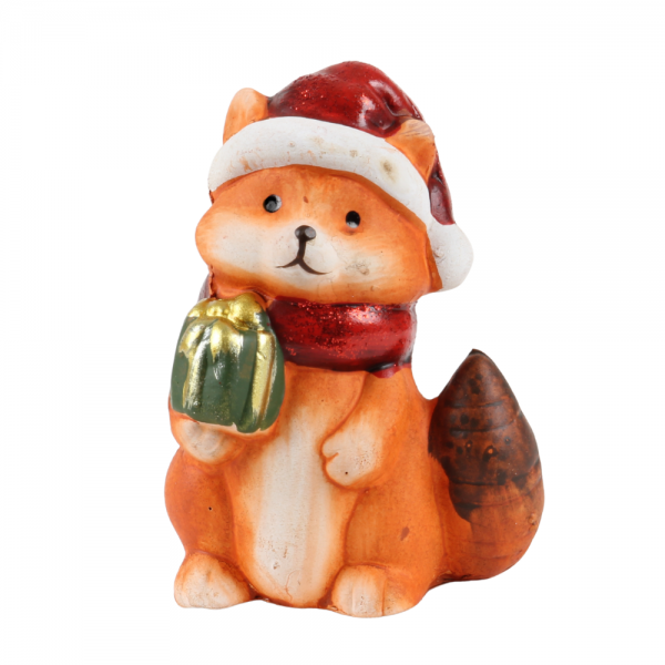 Niedlicher Weihnachts-Deko Fuchs mit Geschenk, 10 cm.