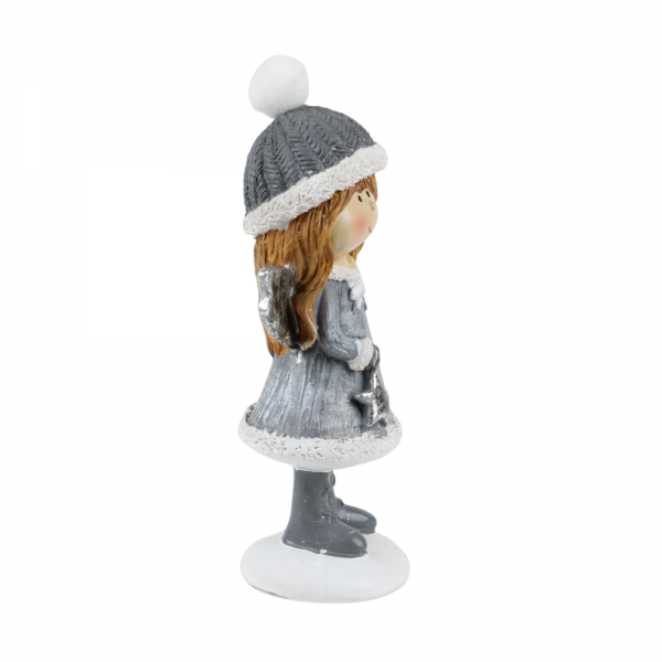 Winterengel Mädchen, Weihnachtsengel mit Stern, 14 cm. Seitenansicht.