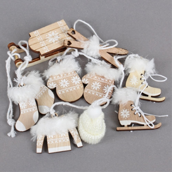 6 tlg. Holz Christbaumschmuck, Winterdeko-Set in Naturbraun, 50 - 70 mm.