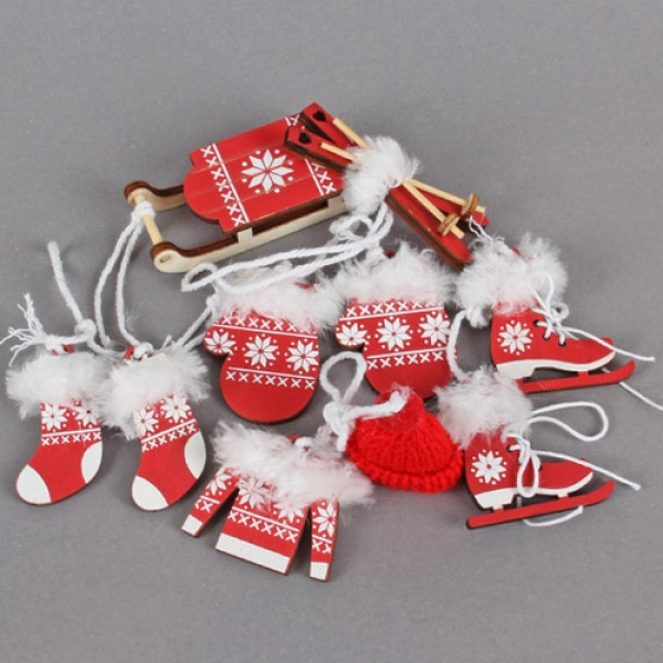 6 tlg. Holz Christbaumschmuck, Winterdeko-Set in Rot, 50 - 70 mm.