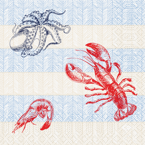Hochwertige Zelltuch-Servietten mit detaillierten Illustrationen wie Tintenfisch, Hummer und Garnele in frischem Blau und Rot.