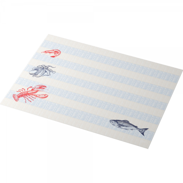 Maritimes Tischset mit Illustrationen von Hummer, Krabbe, Fisch und Oktopus in Rot und Dunkelblau auf blau-creme gestreiftem Hintergrund.