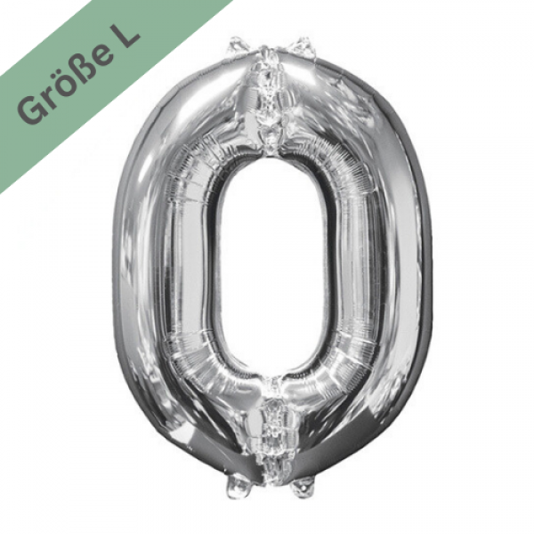 Großer Folien Zahlenballon 0 in Silber, 66 cm.